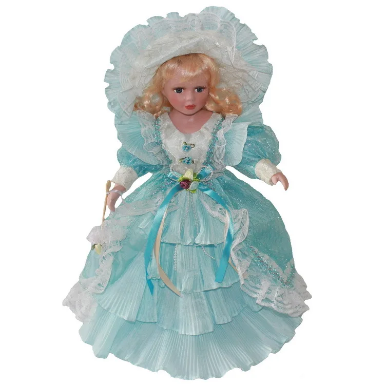 

40cm Light blue dress porcelain girl doll European rural Field Village ceramic doll style home decoration Christmas gifts