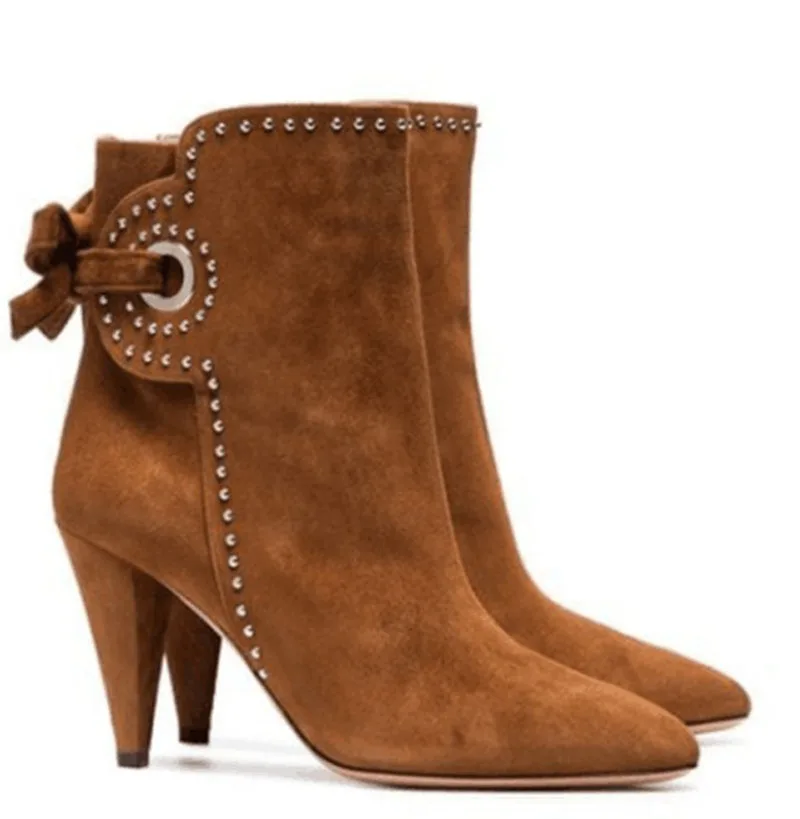 

Sexy Spring Metal Rivets Studs Hole Lace Up Bottines Point toe Faux Suede Ankle Boots Spike Heels Boots Shoes Woman