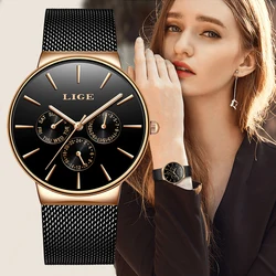 LIGE-Reloj de pulsera de cuarzo para mujer, accesorio de marca de oro rosa, clásico, de lujo, informal, a la moda, resistente al agua, con calendario