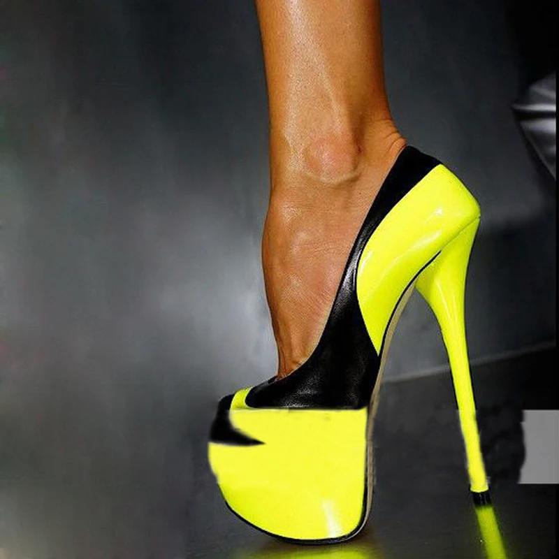 

Sexy Women Platform lemon yellow Leather patchwork Pumps Super high heels Ladies night club Bright Single Dress shoes