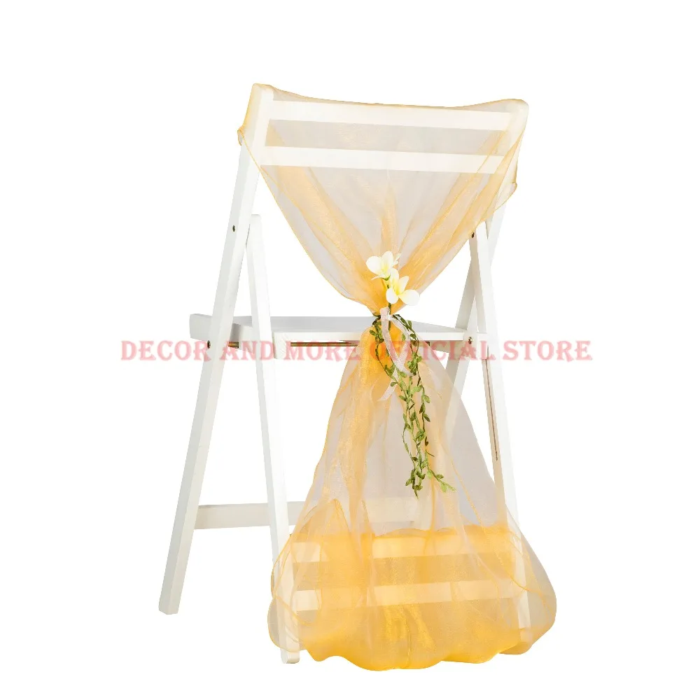 50PCS Party Hotel Wedding Chair Sashes For Outdoor Folding Chair Gold Blue White Organza Chair Cap With Flower Decor Chair Ties