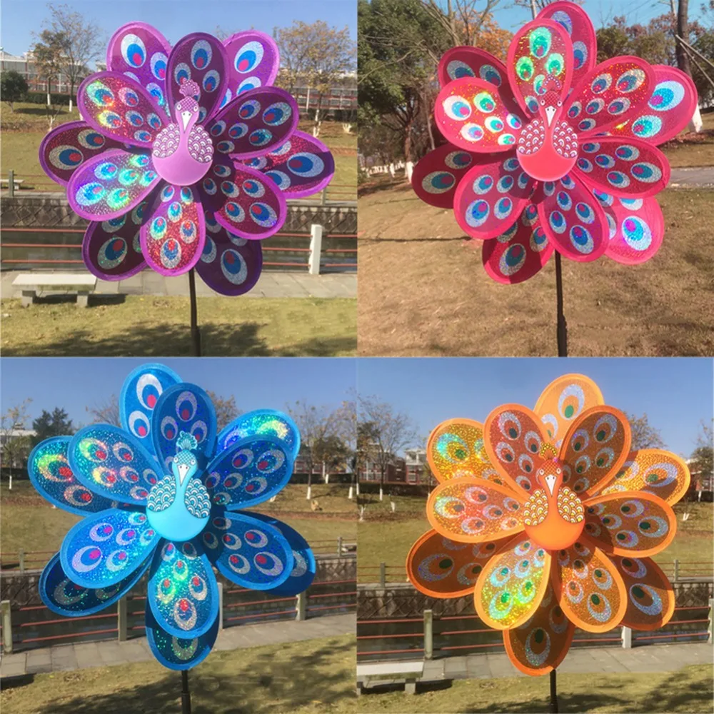 Double Layer Peacock Laser Sequins Windmill Colorful Wind Spinner Kids Toy jun13