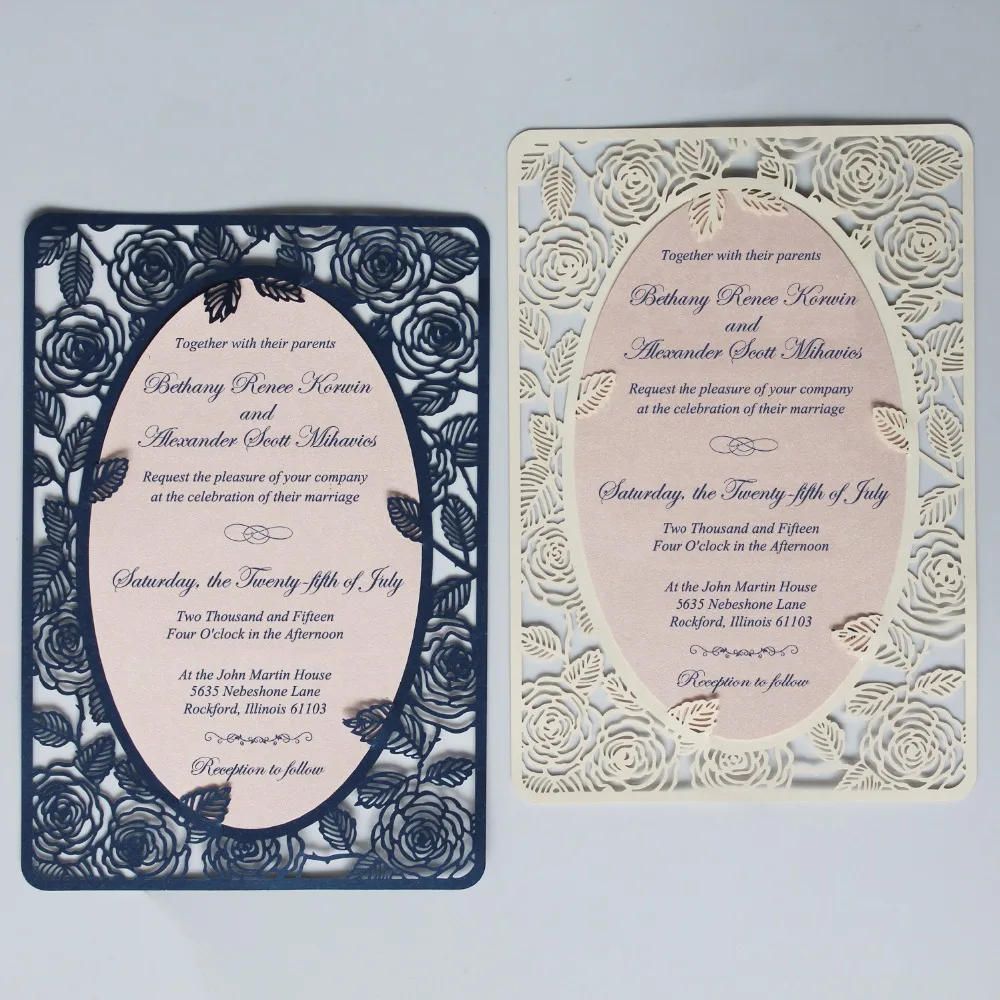 Navy Blue Wedding Invitation Laser Cut Invitation Cards Off White Rose Wedding Invite - Set of 50 pcs