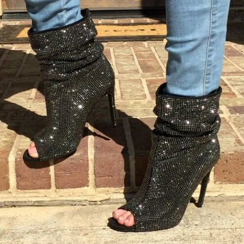 

black rhinestones full studs peep toe ankle boots stiletto high heels black crystal bling bling ankle boots