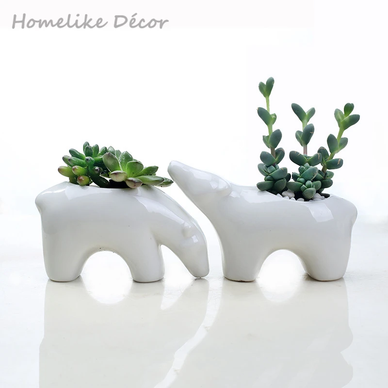 Set of 2 pieces Polar Bear shaped ceramic flowerpot Mini Bear porcelain flower plant pot for Desktop Home Garden decoration