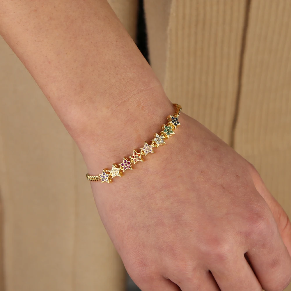 Gold Color Plated Rainbow Cz Flower Charm Bracelet Adjust Chain Delicate Stunning Minimal Cute Elegance Jewelry for Women