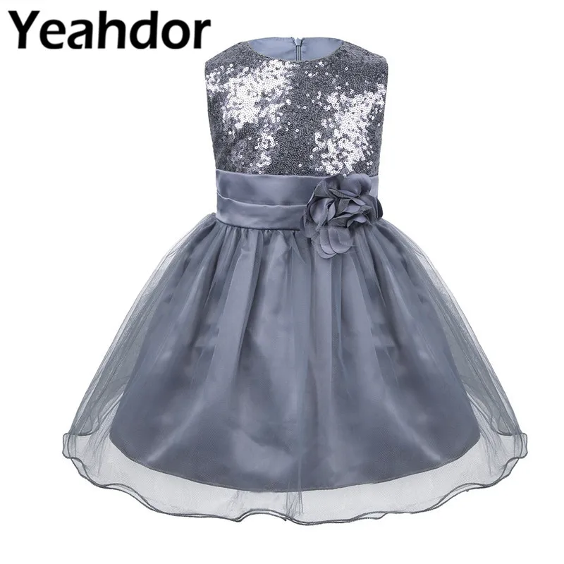 Baby Girls Sleeveless Straps Tie Sequins Mesh Flower Princess Bridesmaid Dress For Pageant Wedding Birthday Party Formal Dress