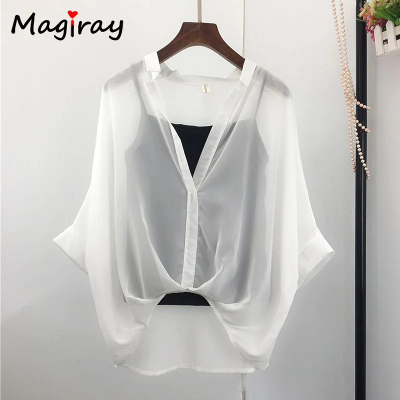 Magiray Batwing 3/4 Sleeve Chiffon Blouse Women 2020 Summer See Through White Shirt Leopard Cover Up High Low Female Top C169