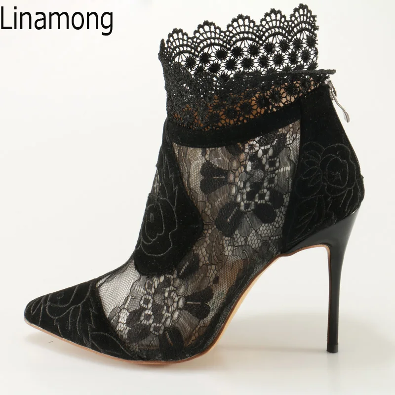 

Sexy Spring Eyelash Lace Patchwork Bottines Pointy toe Floral Jacquard Suede Ankle Boots High Heel Women Lace Boots Shoes Woman