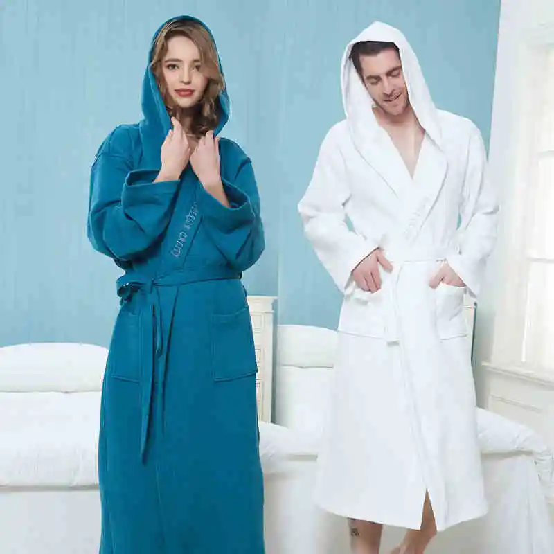 

100% Cotton Women Bathrobe Men Hooded Lovers Solid Towel Fleece Sleepwear Long Bath Robe Kimono Femme Dressing Gown Bride Robes