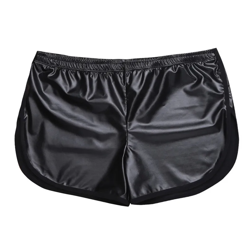 Men\'s Shiny Faux Leather Hot Boxer Short Pants with a Back Pocket Fashion Black Elastic Waistband Wetlook Stretchy Shorts