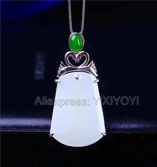 Beautiful Real 925 Silver White Green HeTian Jade Swan Long Strip Dangle Lucky Pendant + Free Necklace Fine Jewelry Certificate