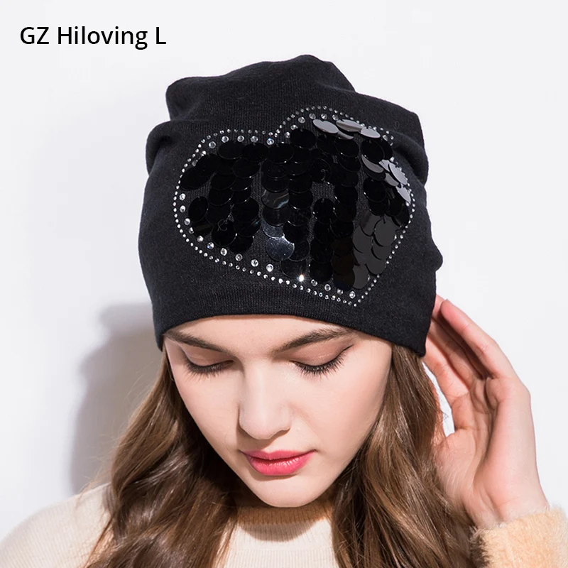 GZhilovingL Women Winter Hats Black Slouchy Knitted Beanies Ladies Love Pattern Hat Female Cotton Long Baggy Skullies Beanie Hat