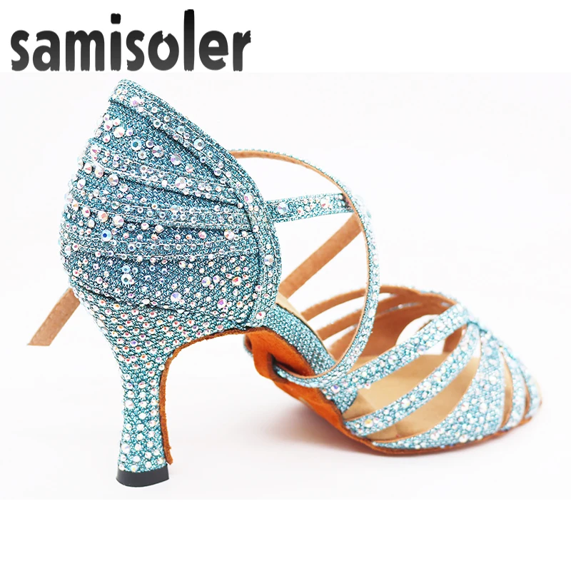 Samisoler  blue Rhinestone ballroom dance shoes women Salsa dance shoes women Professional tango Latin Shoes style high heels