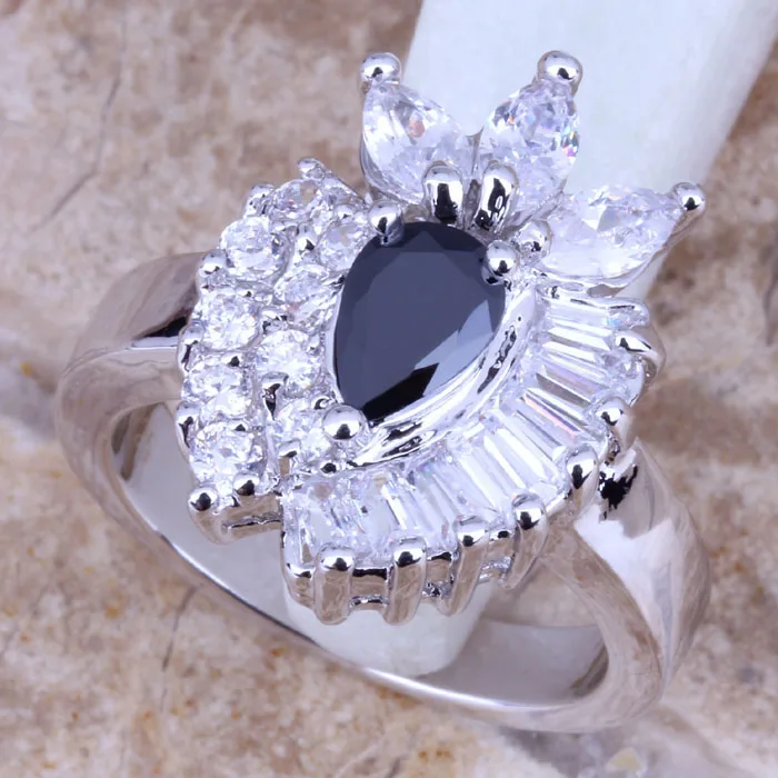 Romantic Black Cubic Zirconia White CZ Silver Plated  Women's Jewelry Ring Size 6 / 7 / 8 / 9 R0550