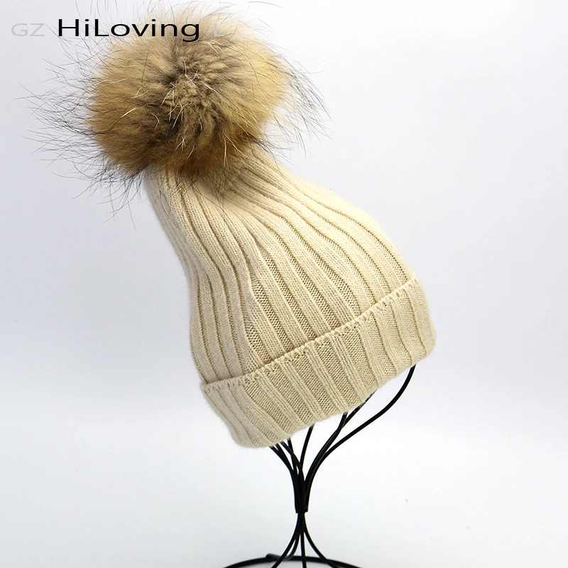 

GZHilovingL Winter Womens 100 Wool Beanies Hats Fur Pompom Hats Soft Warm Women Mens Unisex Girls Winter Beanie Hat Strip Beanie