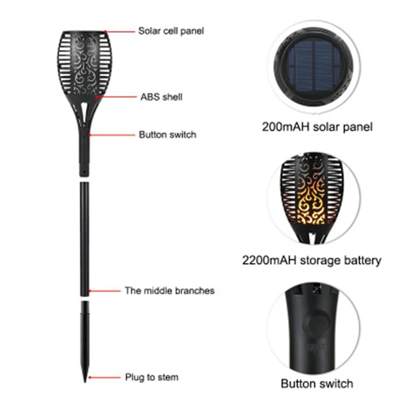 1 Pcs ATAU 2 Pcs 96 LED Tahan Air Flame Flame Solar Torch Light Lampu Taman Outdoor Lanskap Dekorasi Taman Halaman cahaya