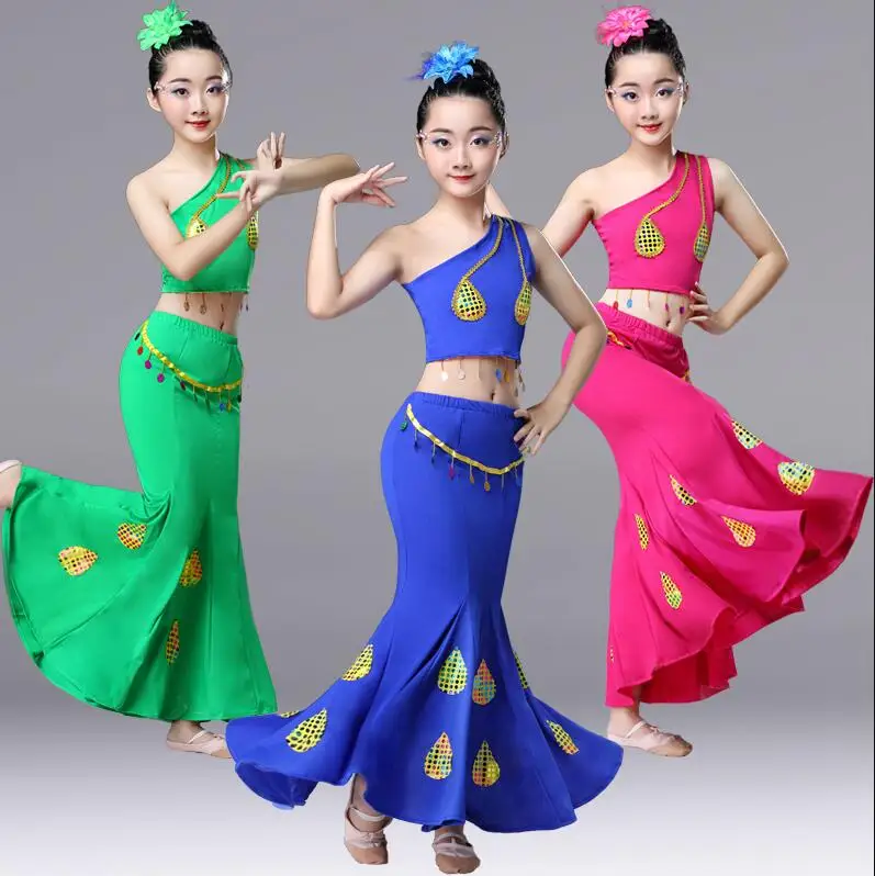 Children Dai dance clothes fishtail skirt elastic Peacock dance costumes Kids Girls Mermaid Tail Chinese Folk Dance costumes