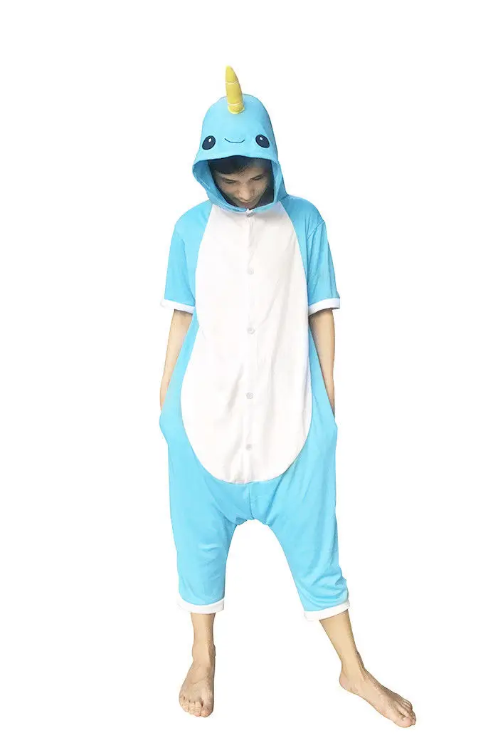 Animal Onesie Cosplay Costume Unisex Adult Kids Blue Narwhal Pajamas Jumpsuit Child Short Sleeves Summer