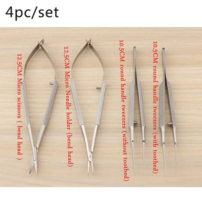 4pcs/set Ophthalmic Microsurgical Instruments 12.5cm Scissors Needle Holders Tweezers Stainless Steel Surgical Tool