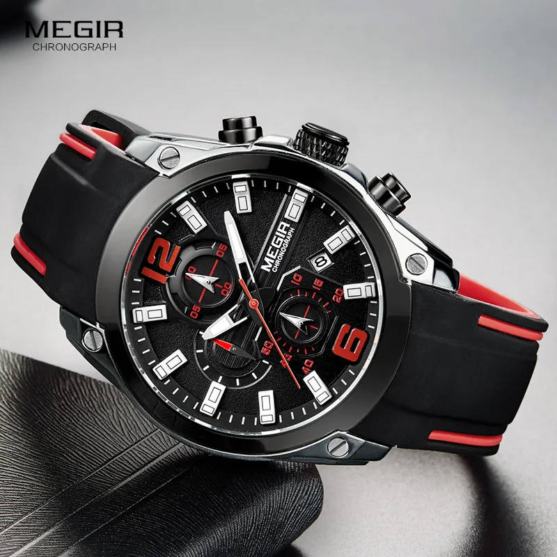 Mannen Siliconen Sport Leger Quartz Horloges Zwarte Lichtgevende Chronograaf Stopwatch Klok Man Relojios Masculino 2063GS-BK-1