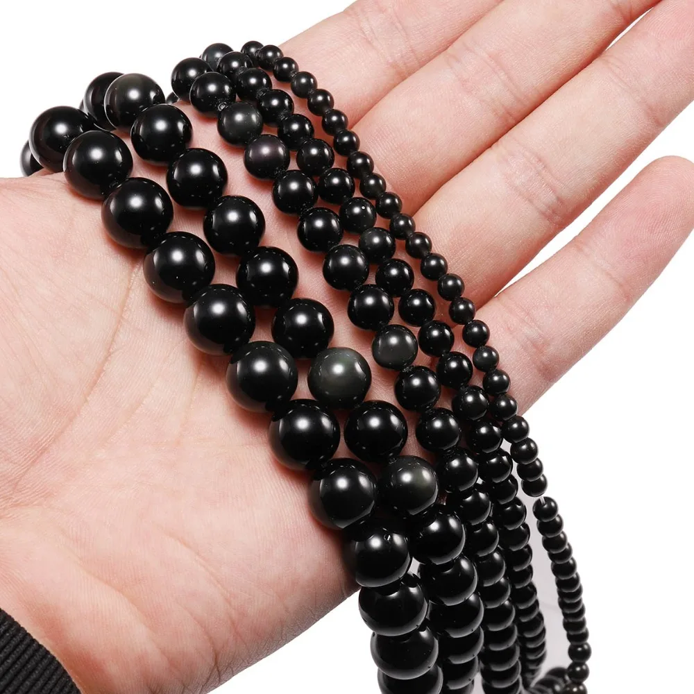 1strand/lot 4/6/8/10/12 mm Natural Black Obsidian Stone Beads Round Loose Spacer Bead For Jewelry Making Findings DIY Bracelet image 4