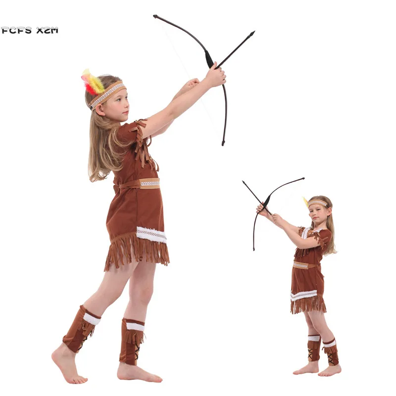 M-XL Girls Primitive Indian Traditional Cosplay Kids Halloween Hunter Costume For Children Carnival Purim Stage Play Party Dress