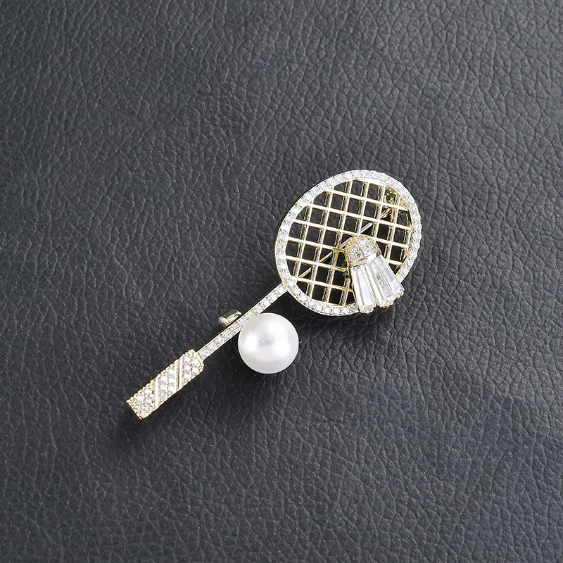 Personality Trend Copper Brooch Sports Badminton Racket Badminton Pearl Copper Zircon Brooch Pin High Quality Jewelry