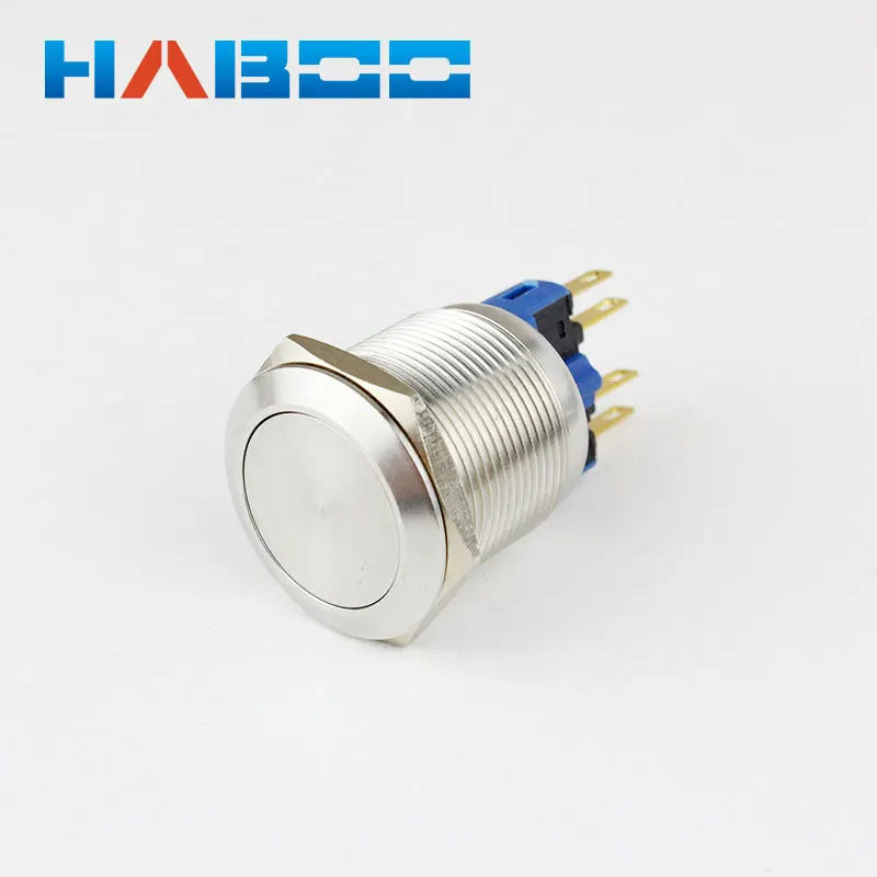 10pcs/lot HABOO factory directly dia.22mm on-off  metal switch flat head anti vandal self-locking switch 250V 3A waterproof IP67