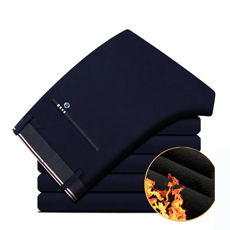 

Fashion Winter New Men Fleece Pants High Quality Male Straight Slim Trousers Solid Stretch Business Casual Baggy Pants CYL35