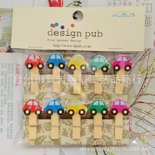 10 pcs/lot Kawaii Cartoon Car Wooden Clip Photo paper Clothespin Craft Clips Party Decoration Clip with Hemp Rope