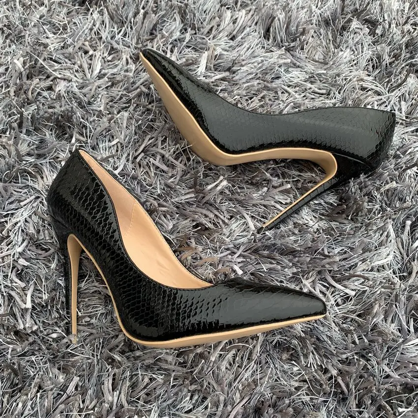 Sapatos de salto alto feminino da moda, calçados pretos com estampa de cobra, stilettos sexy, 12cm/10cm/8cm, bico ponteagudo, 2019