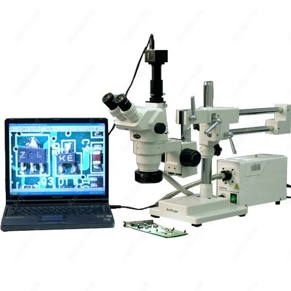 Trinocular Boom Stand Stereo Zoom Microscope--AmScope Supplies 2X-225X Trinocular Boom Stand Stereo Zoom Microscope + 8MP Camera