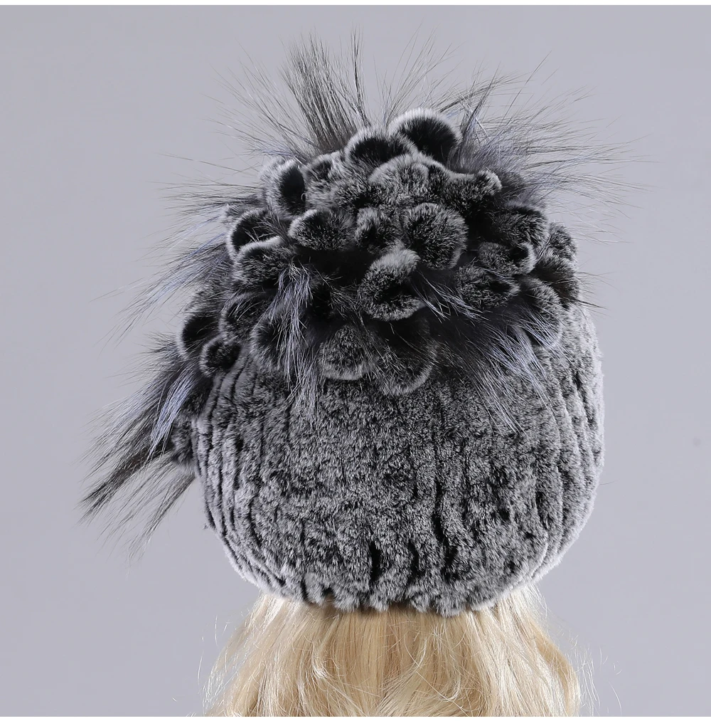 Neue Russische Damen Echt Rex-Kaninchenfell Mützen Luxuriöse Gestrickte Blumen Echte Rex-Kaninchenfell Kappe Winter Echt-Fell Beanie Mütze – Detail 12