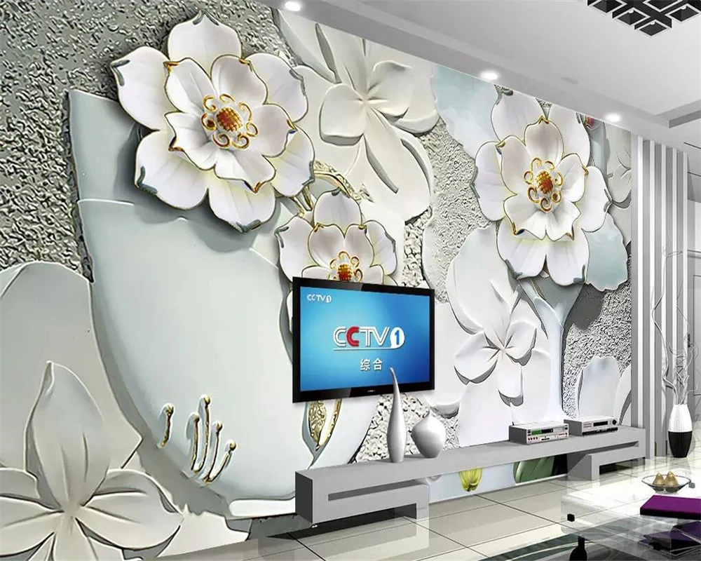 

beibehang Custom Wallpaper 3d Stereo murals Flower Relief TV Background Walls Flower Jade Carving Mural Paintings 3d wallpaper