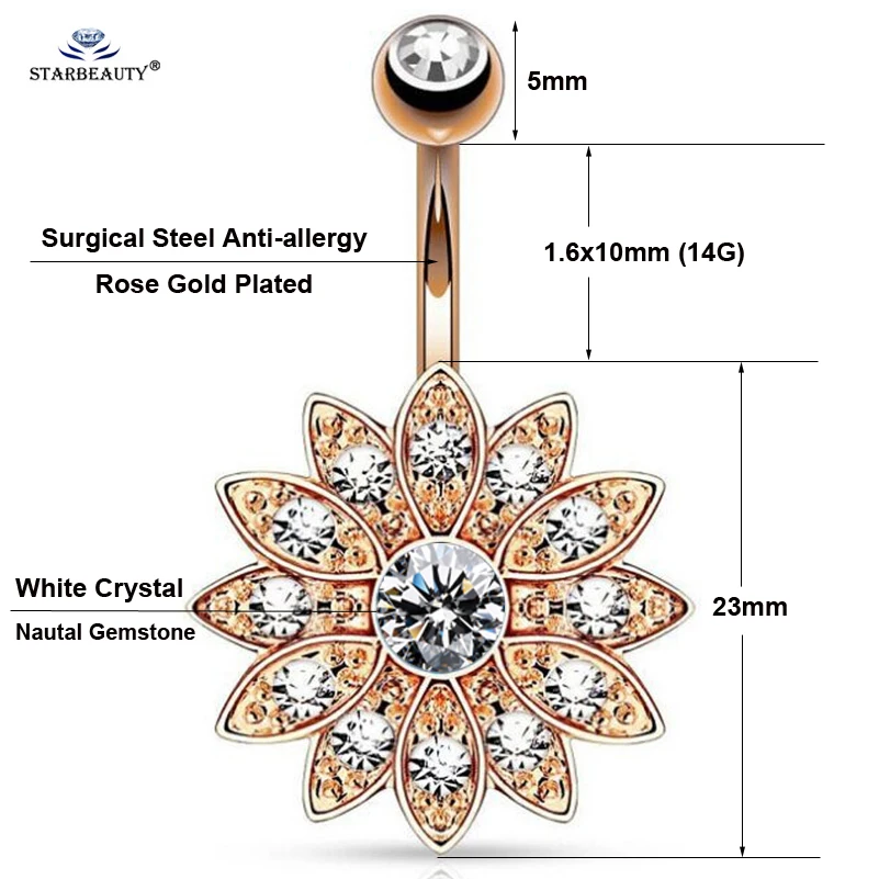 Starose Rhinestone Lotus Belly Piercing Nombril Belly Button Rings Navel Piercing Ombligo Dance 14G Navel Bar