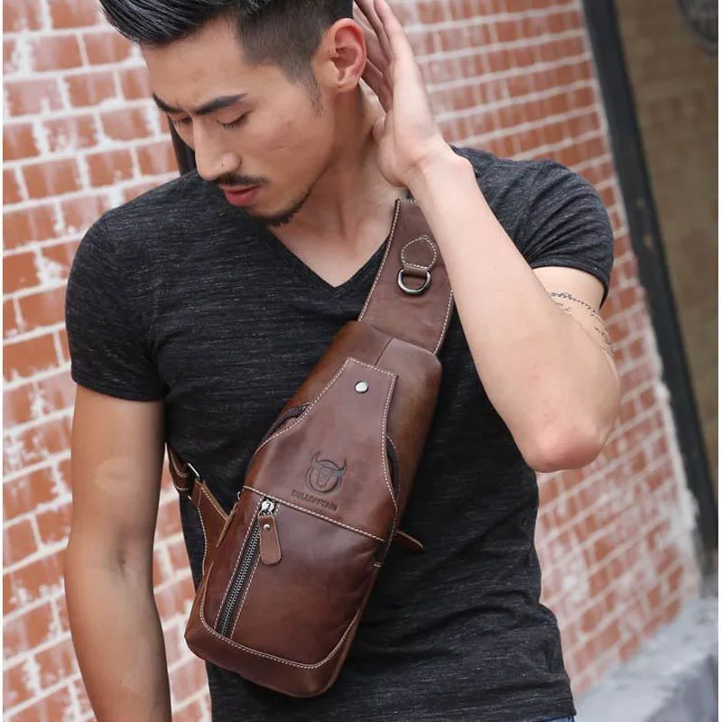 Homens de Couro Genuíno Bolsa de Peito Crossbody, Sacos De Ombro, Pacote Diagonal, Messenger Bag, Couro, Marca Designer