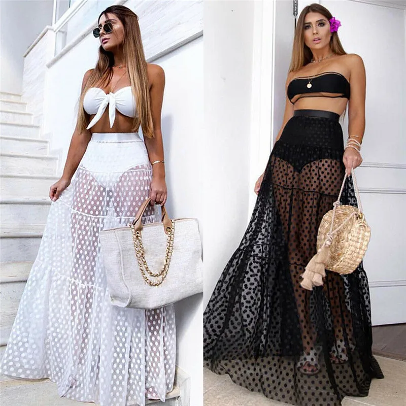 Summer Swimwear Women Maxi Skirt See Through Polka Dot Pleated Retro Swimsuit Bikini Cover Up Elastic Waist Bathing Skirts