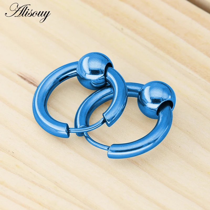 Alisouy 2pcs Hot Men Women Round Circle Pendientes Black Gold Color Stainless Steel Balls Loop Handles Hoop Huggie Earrings