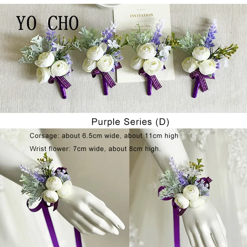 YO CHO Purple Bridesmaid Wrist Flowers Handmade Wedding Corsages and Boutonnieres Brooch Artificial Rose Bride Groom Boutonniere