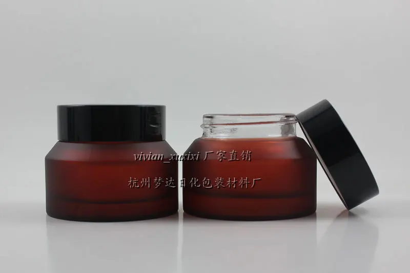 30pcs 50g rose red frosted glass cream jar with black aluminum lid, 50g cosmetic jar for mask or eye cream,50g glass bottle