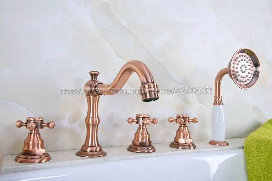 Antique Red Copper 5pcs Roman Bath Tub Sink Faucet with Hand Shower Spray Ktf223