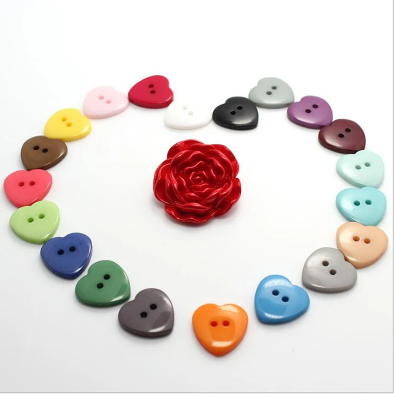 Loverly 1Lot=100pcs Resin Button Heart Shape 2-Hole Plastic Button Garment Accessories Sewing DIY for Childern\'s Clothing Bag