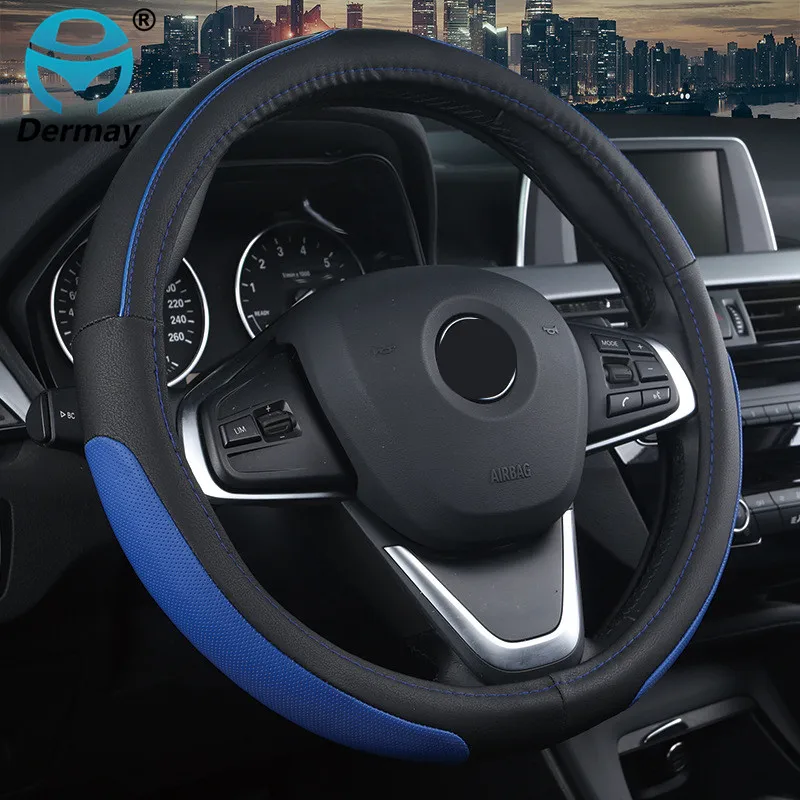 DERMAY New Style Car Steering Wheel Cover Non-slip Micro fiber Leather With Breathable hole & Classic edge Size M fit Most Cars