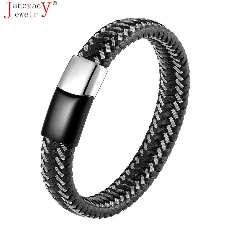 2019 New Design Handmade Braided Genuine Leather Bracelet & Bangle For Men Male Hand Jewelry Stainless Steel Fashion Bangles