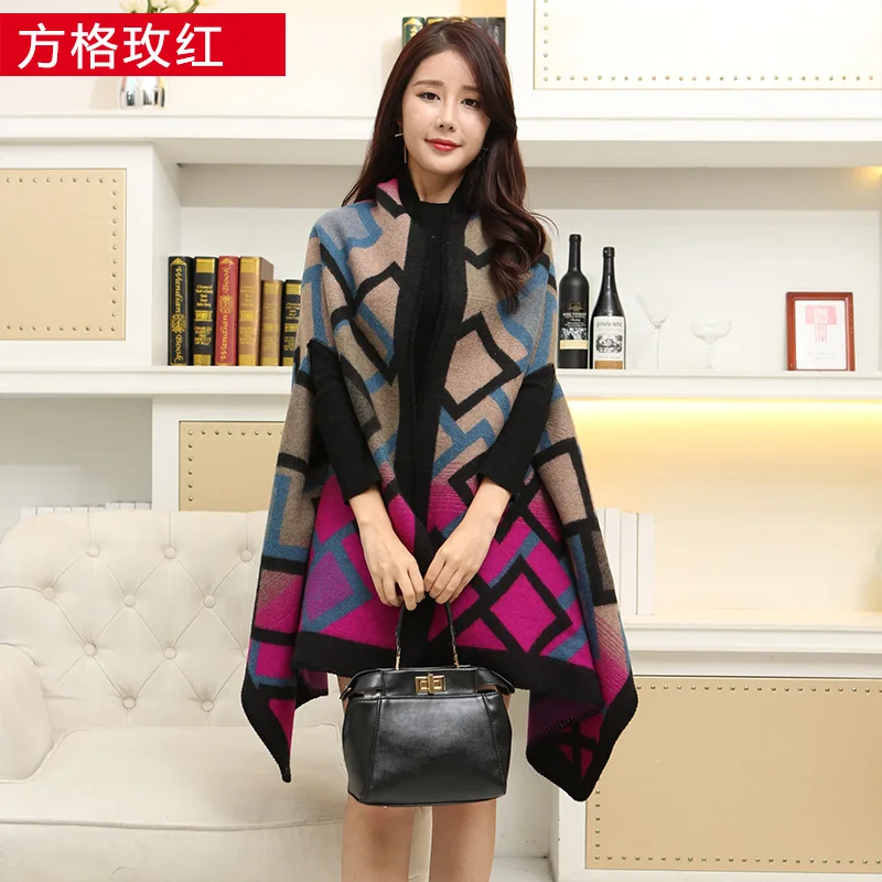 Shawl Scarf Dual Purpose Female Winter Autumn Capes & Ponchos Imitation Mosaic Cloak Thickening Warm Cloak Coat