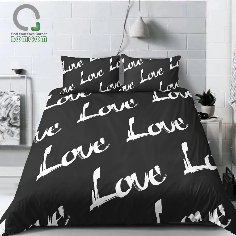 BOMCOM Romantic Duvet Cover Set Love Bedding Set, Black and White Duvet Cover  100% Microfiber