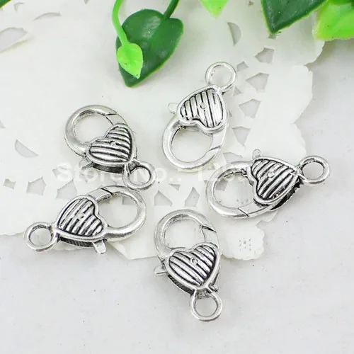 50pcs/lot Antique Silver Heart Lobster Clasp Hooks For Necklace Bracelet Chain DIY Jewelry Accessory Findings 26x15mm (K00782)