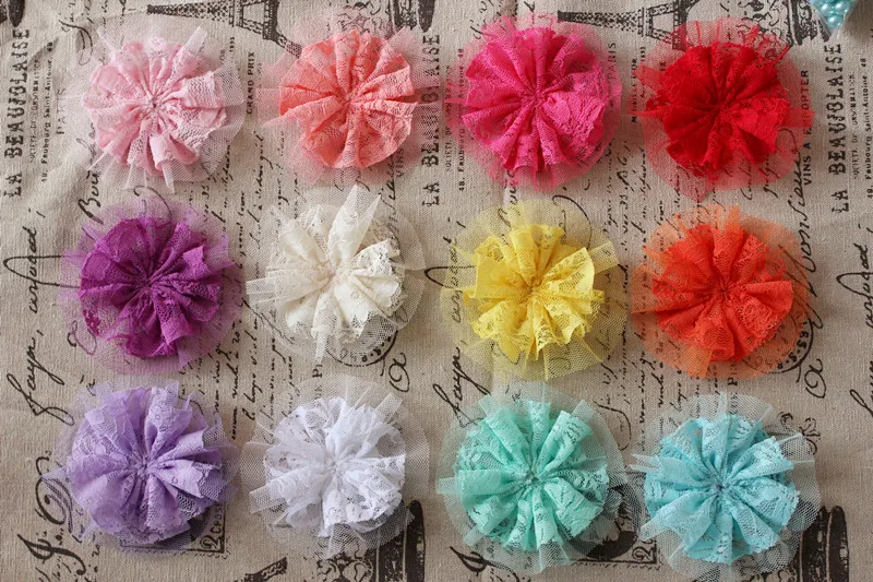 Trend Vintage Lace Flower Frilly Hair Flowers Tulle flower perfect for girl Hair Accerssiory 18 colors