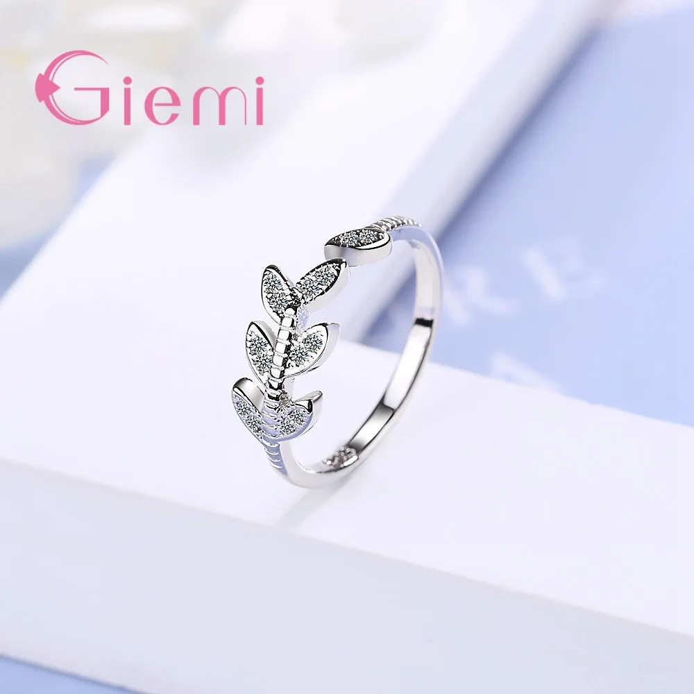 Fresh Sweet 925 Silver Ring Branches Leaves with Cubic Zircon Open Ring for Women Girl Adjustable Knuckle Finger Jewelry